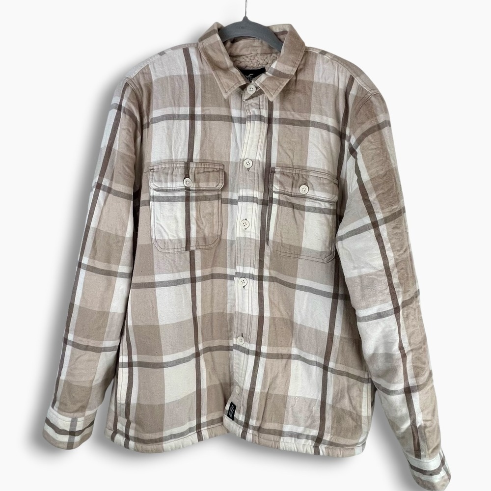 Hollister Mens Sherpa Lined Flannel Shirt Jacket Tan Brown Plaid Large